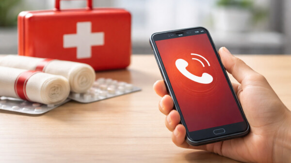 Im Vordergrund ist eine Hand mit einem Mobiltelefon in der Hand zu sehen, die den Notruf gewählt hat. Im Hintergrund des Bildes steht ein Erste Hilfe Koffer und Verbandsmaterial.