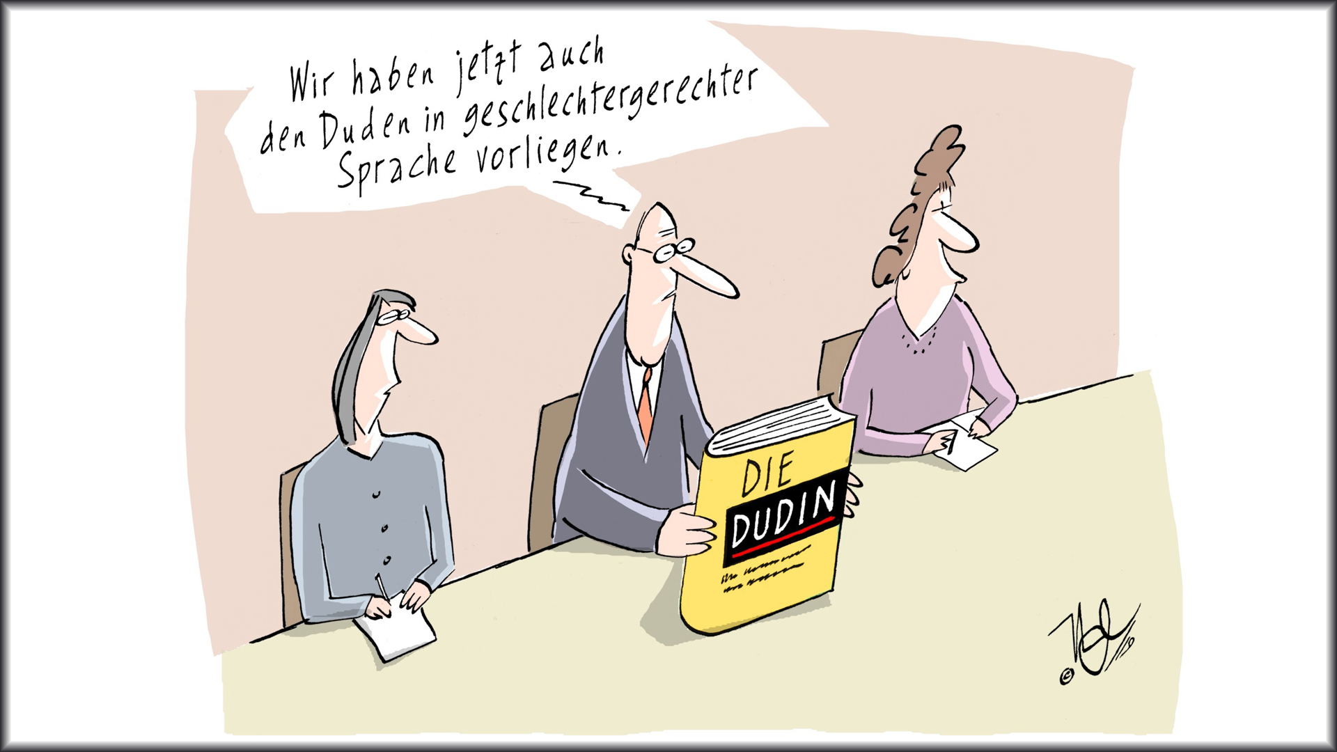 Karikatur: Der Duden erscheint in gendergerechten Sprache als Dudin