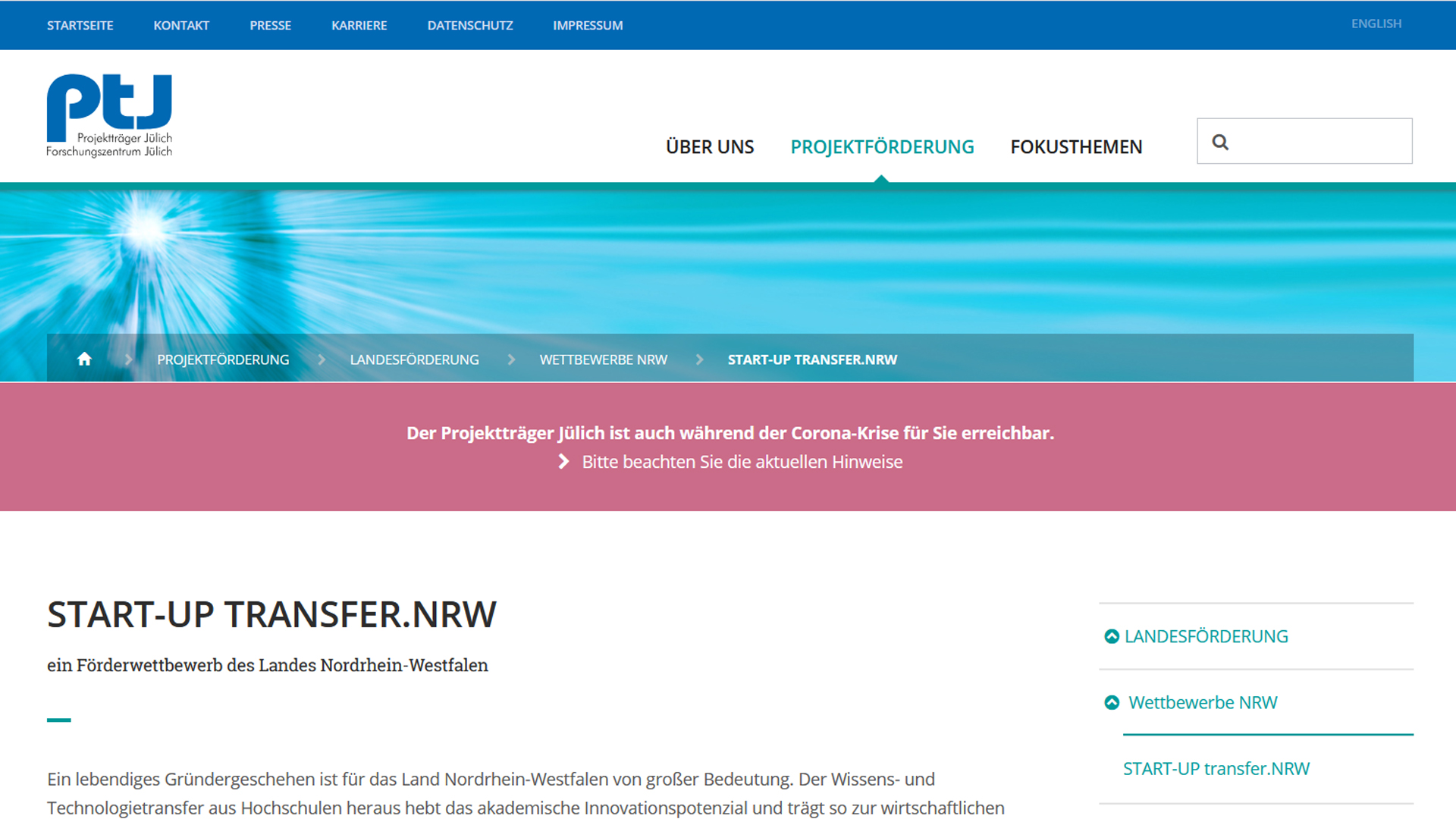 Screenshot Startseite PtJ-Webauftritt