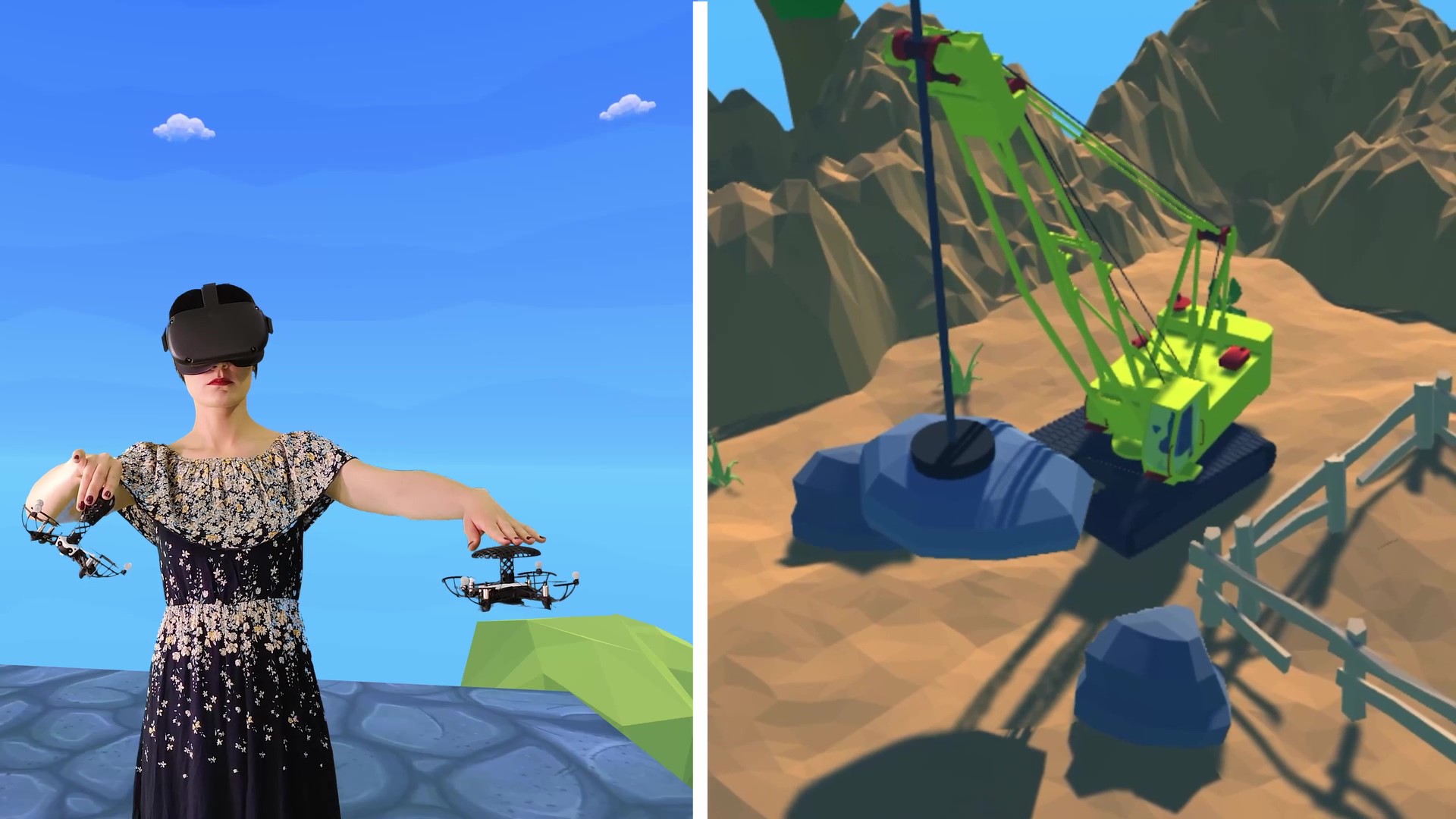 Screenshot from the video. On the left, a person with flying controllers. On the right, the crane she sees in the virtual world.
