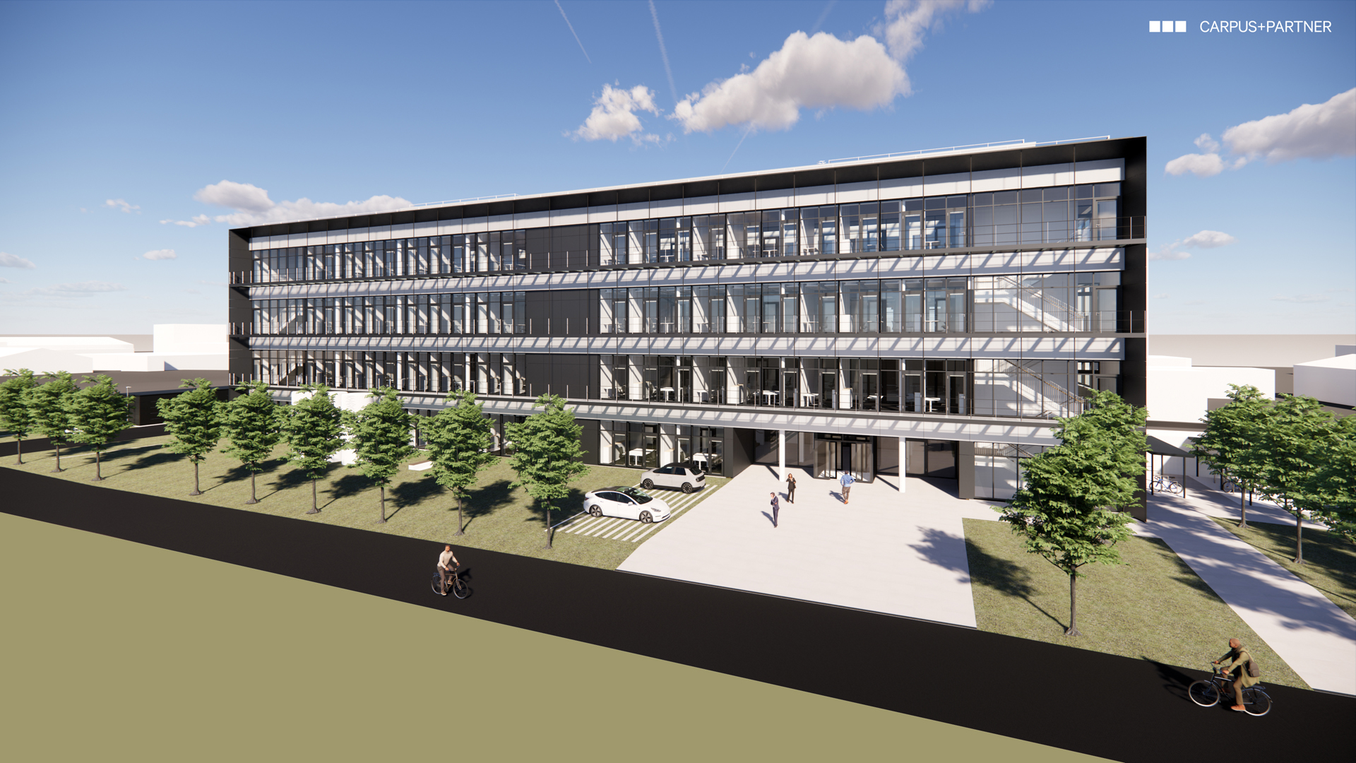 So soll das Forschungsgebäude ACTIVE SITES aussehen, hier die Westseite mit dem Eingangsbereich. Entstehen wird es auf dem Gelände Am Thurmfeld in Essen. 