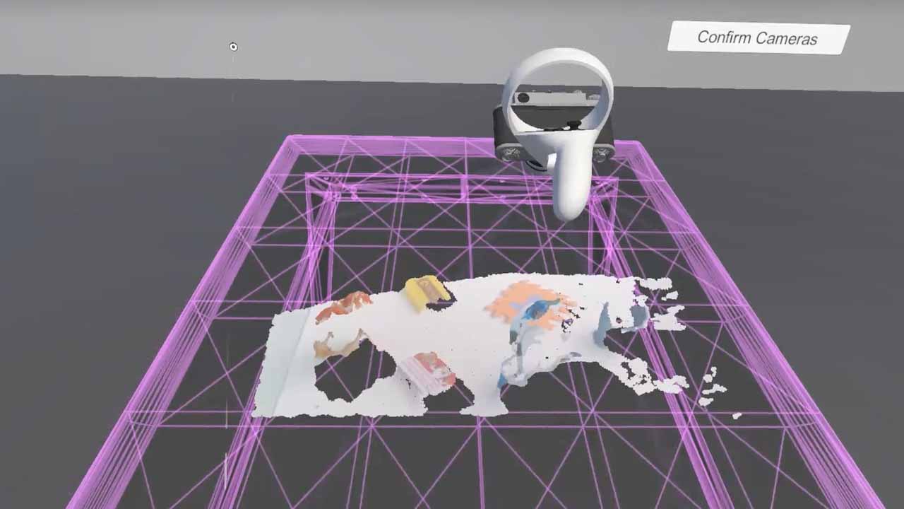 Image of an Interactive VR application showing a purple net with developing shapes on it.