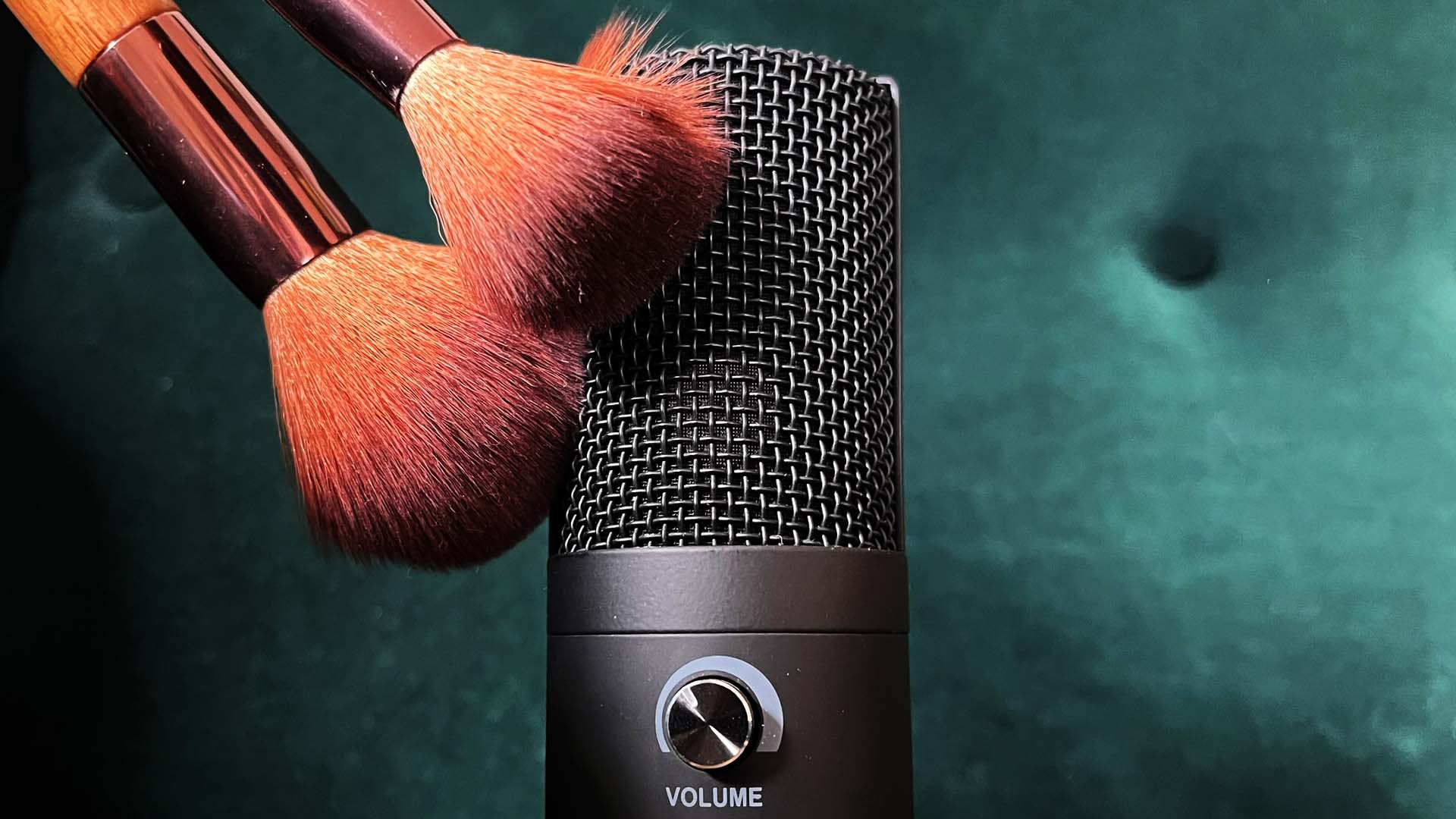 Zwei weiche Pinsel berühren ein Mikrofon