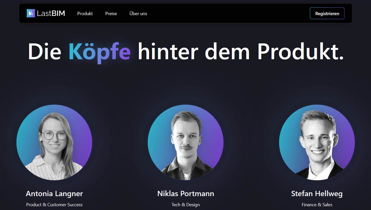 Screenshot einer Webseite mit Portraitaufnahmen von drei Personen