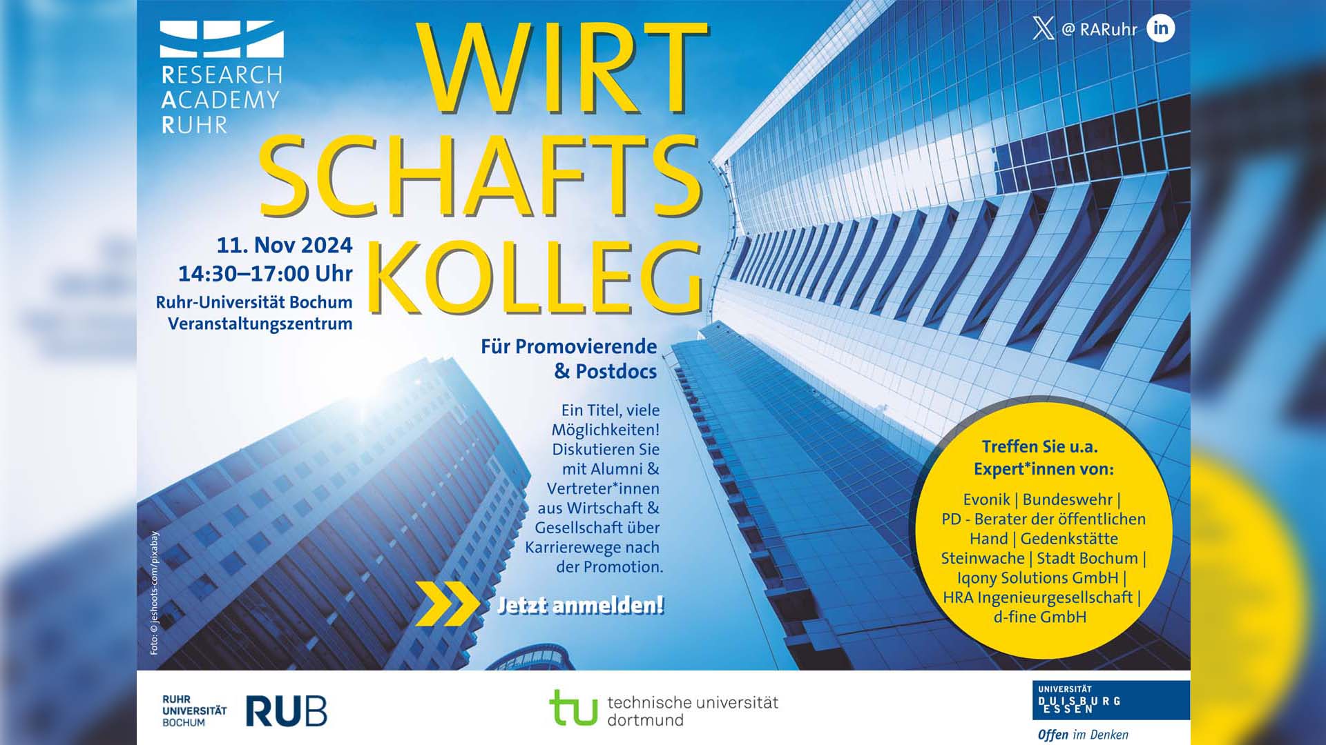 Schmuckbild mit Text: u.a. Wirtschaftskolleg für Promovierende und Postdocs. Ein Titel, viele Möglichkeiten. Diskutieren Sie mit Alumni & Vertreter*innen aus Wirtschaft & Gesellschaft über Karrierewege nach der Promotion.