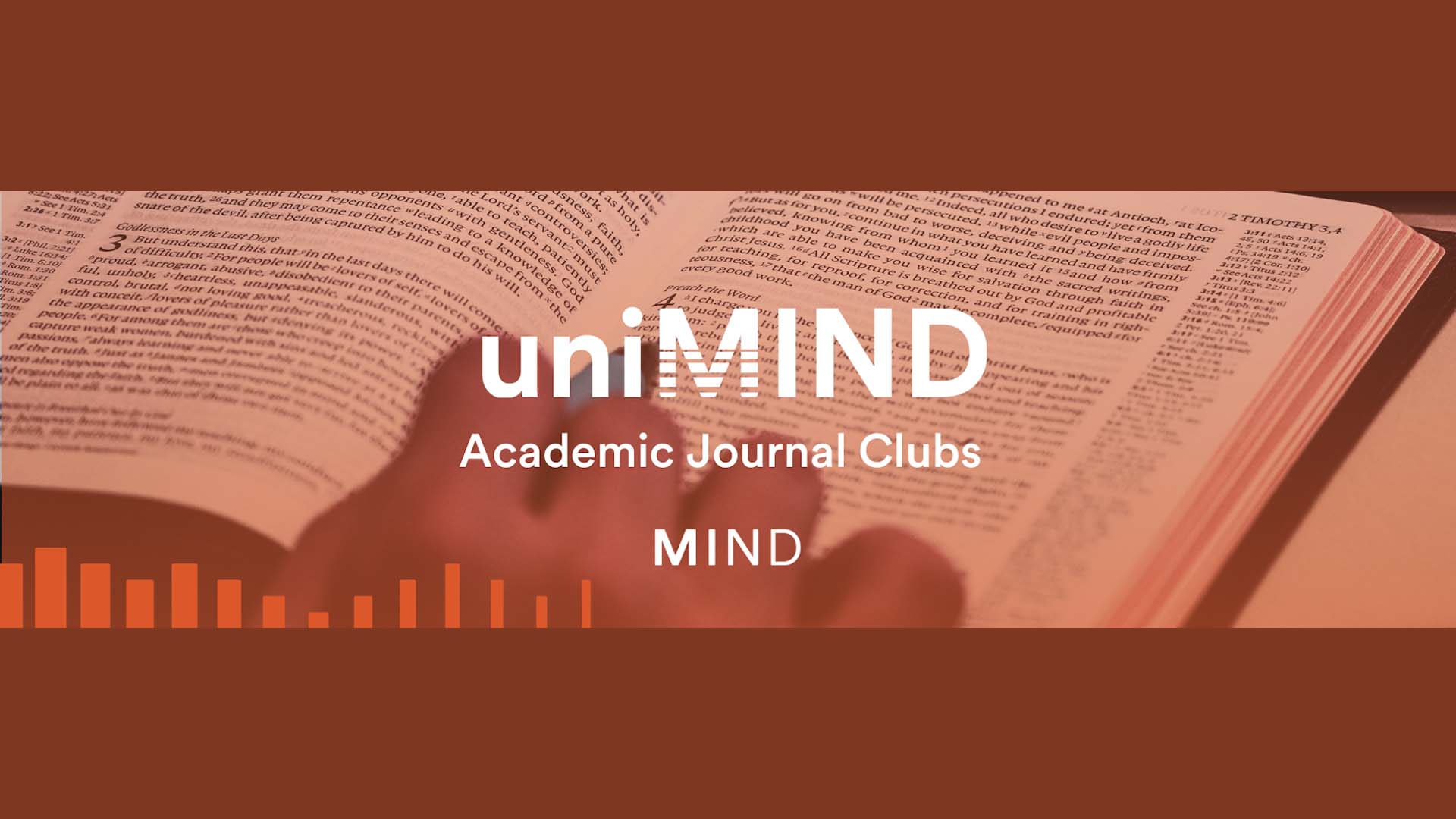 Ein aufgeschlagenes Buch. Darüber Text: uniMIND Academic Journal Clubs MIND