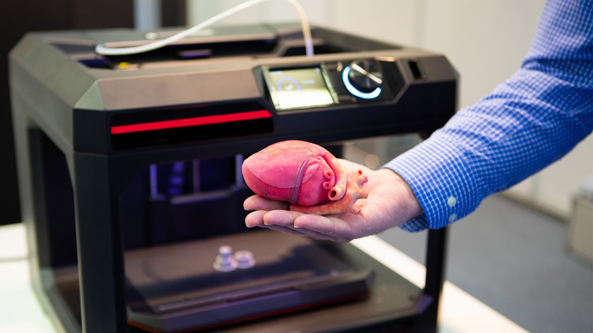 Ein mittels 3D-Druck hergestelltes Herz wird vor einem 3D-Drucker gezeigt 