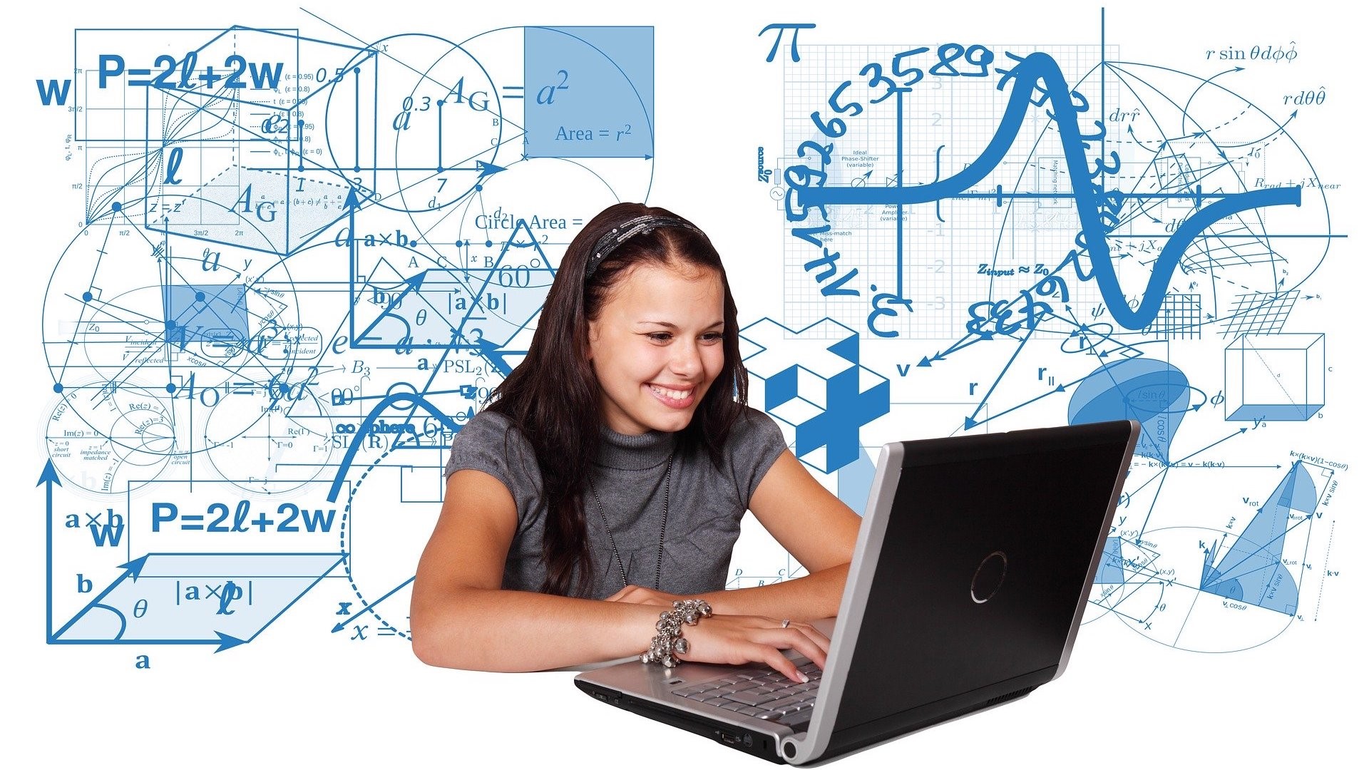 Eine Schülerin vor einem Laptop, der Hintergrund besteht aus mathematischen Formeln und Kurven.