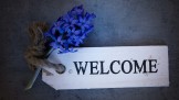 blaue Blume mit einem Etikett mit dem Text Welcome