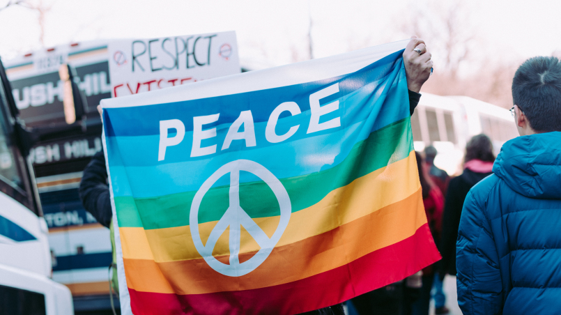 Eine Regenbohnefahne mit dem Peace-Symbol und dem Schriftzug Peace