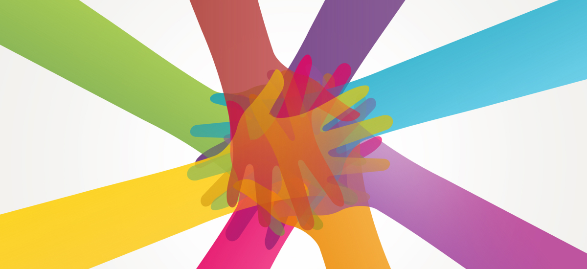 Illustration von 8 Armen in unterschiedlichen Farben, die Hände liegen in der Mitte übereinander