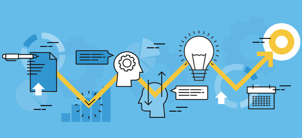 Illustration: Symbole wie Stift, Papier, Kopf im Profil, Glühbirne, Uhr, Pfeil auf eine gelbe Scheibe ausgerichet
