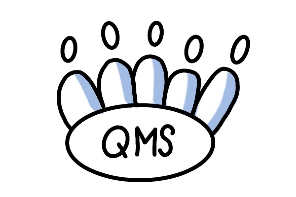 Icon mit fünf Figuren um einen runden Tisch, auf dem QMS steht