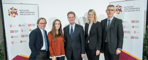 (v.l.): Ulrich Weber (Deutsche Bahn), Nina Kluge (UDE), Dr. Gerhard F. Braun (BDA), Prof. Dr. Isabell van Ackeren (UDE) und Dr. Christian P. Illek (Deutsche Telekom). Bildnachweis: BDA