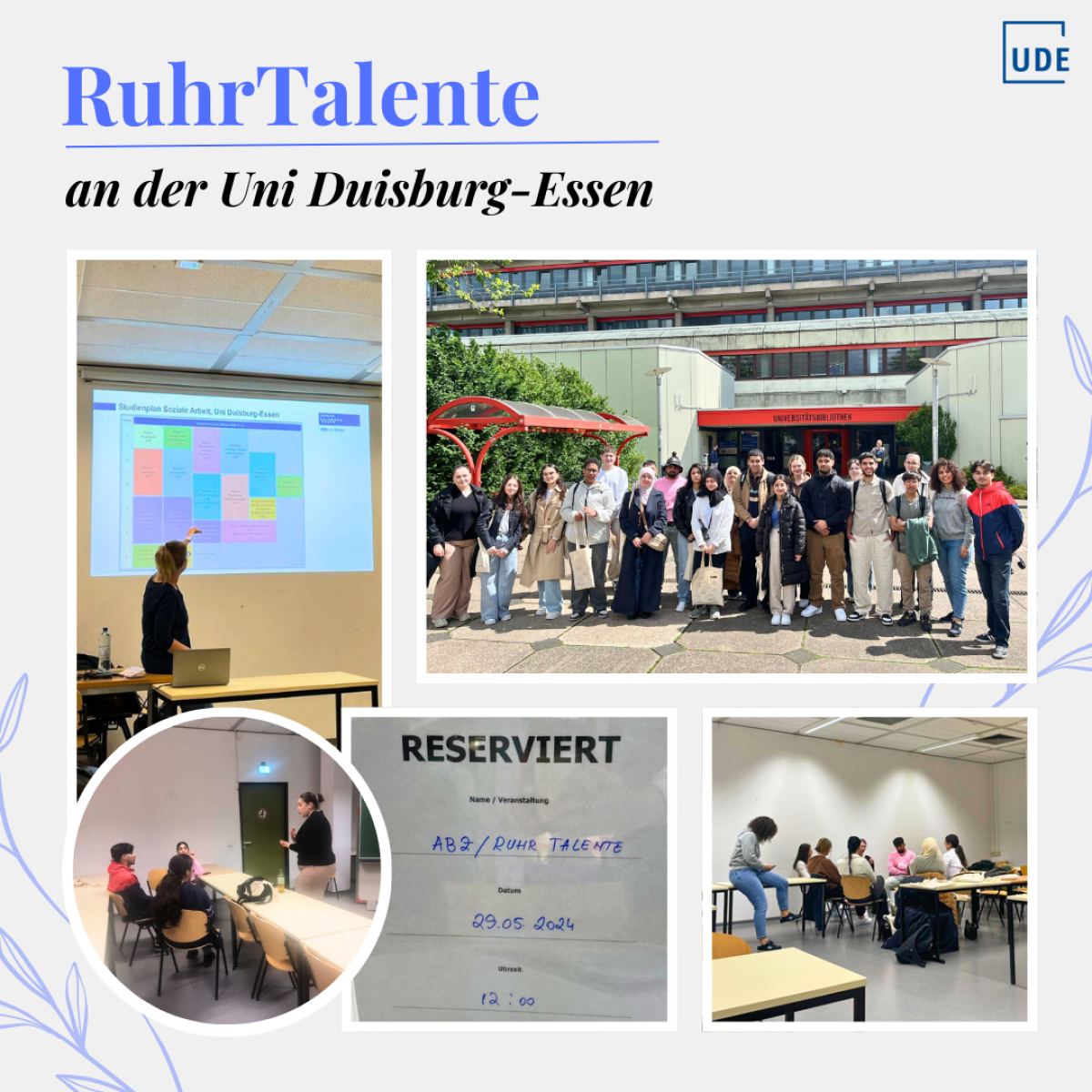 Die RuhrTalente stehen vor der Universitätsbibliothek am Campus Essen.