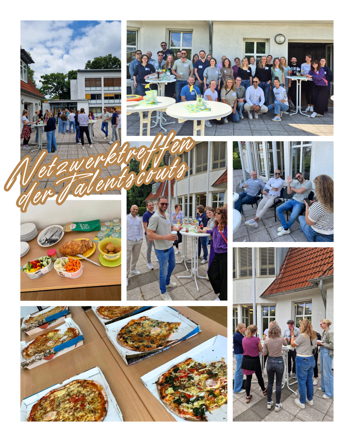 Auf dem Tisch ist ein Buffet aufgebaut mit Pizza und Snacks. Die Talentscouts stehen an Stehtischen und tauschen sich aus. Auf dem Gruppenbild sieht man viele Talentscouts vor dem Gerhard-Mercator-Haus stehen.