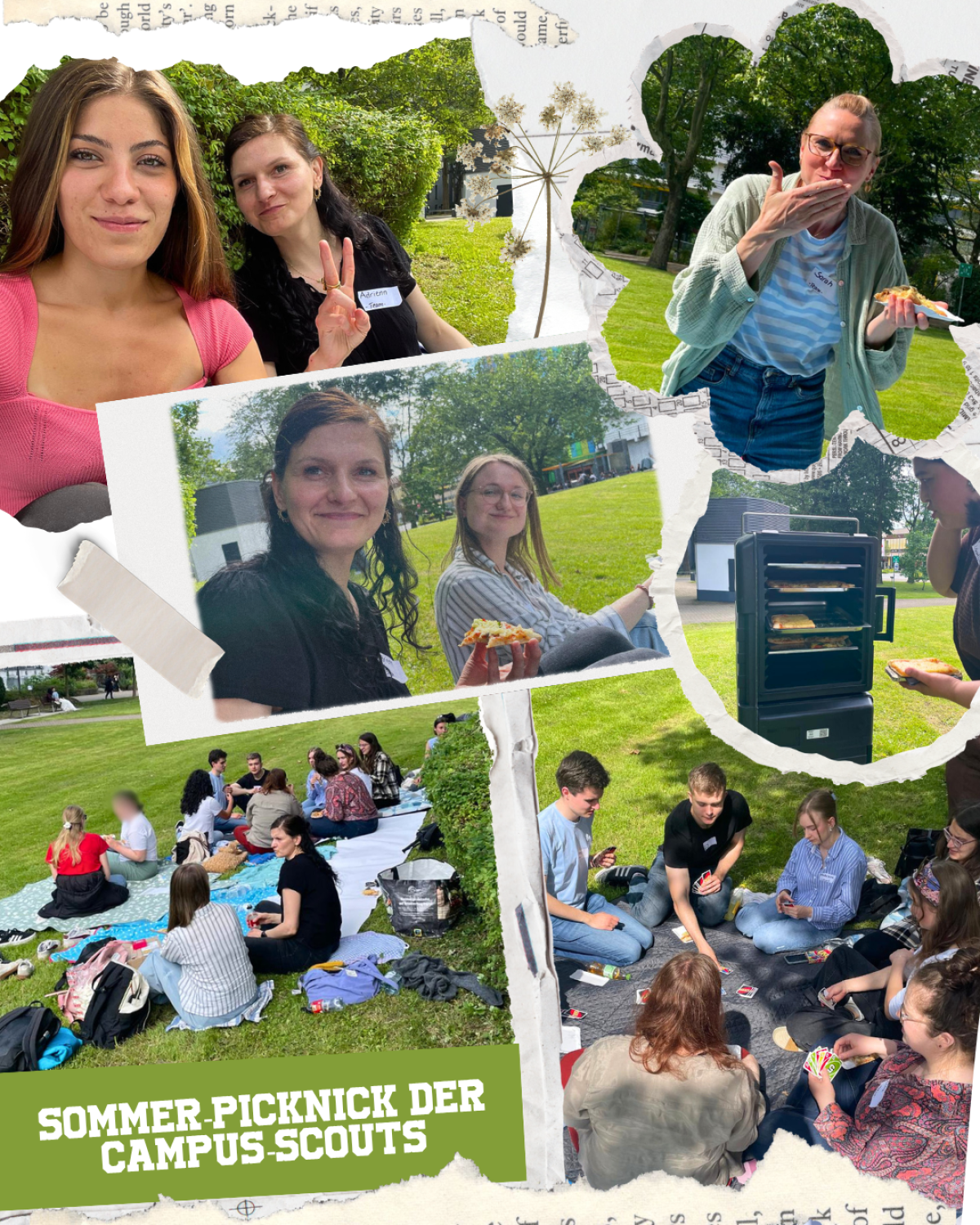 Campus-Scouts sitzen auf der Campuswiese und essen Pizza und spielen Spiele.