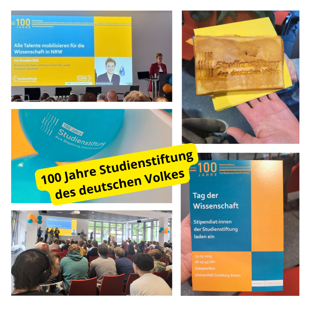 Eine Collage mit verschiedenen Bildbausteinen: Die Professoren halten ihre Vorträge. Eine Waffel ist bedruckt mit "Studienstiftung des deutschen Volkes". Ein Luftballon ist bedruckt mit "Studienstiftung des deutschen Volkes". Ein Programmflyer ist zu sehen. Ina Brandes hält ihre Rede.