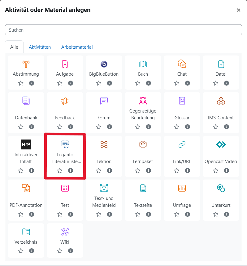 Screenshot: Leganto, Literaturlisten über Moodle erstellen, Bild 1, Aktivität oder Material anlegen