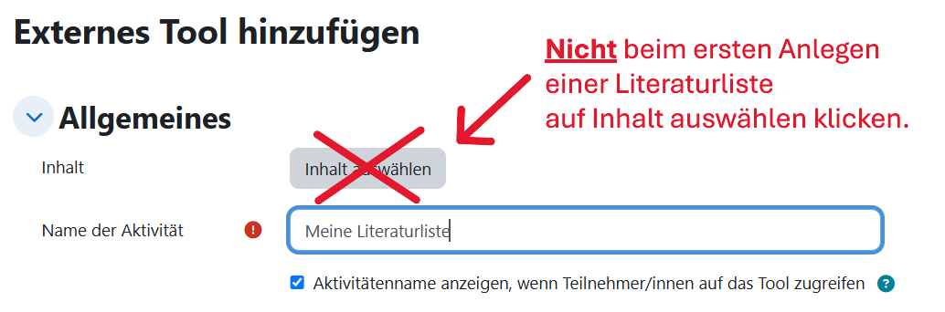 Screenshot: Leganto, Literaturlisten über Moodle erstellen, Bild 1a, Externes Tool hinzufügen
