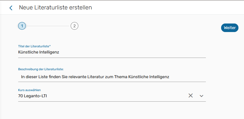 Screenshot: Leganto, Literaturlisten über Moodle erstellen, Bild 2, neue Liste erstellen