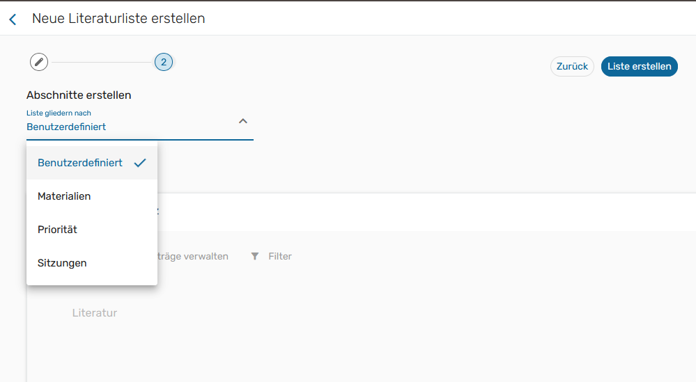 Screenshot: Leganto, Literaturlisten über Moodle erstellen, Bild 3, Abschnitte erstellen