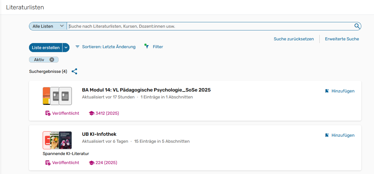 Screenshot: Leganto, Literaturlisten direkt in Leganto erstellen, Übersicht Literaturlisten
