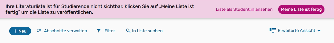Screenshot: Leganto, Literaturliste veröffentlichen