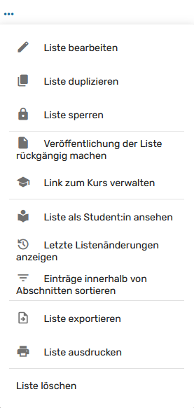 Screenshot: Leganto, Literaturliste verwalten, Bild 1, Liste bearbeiten