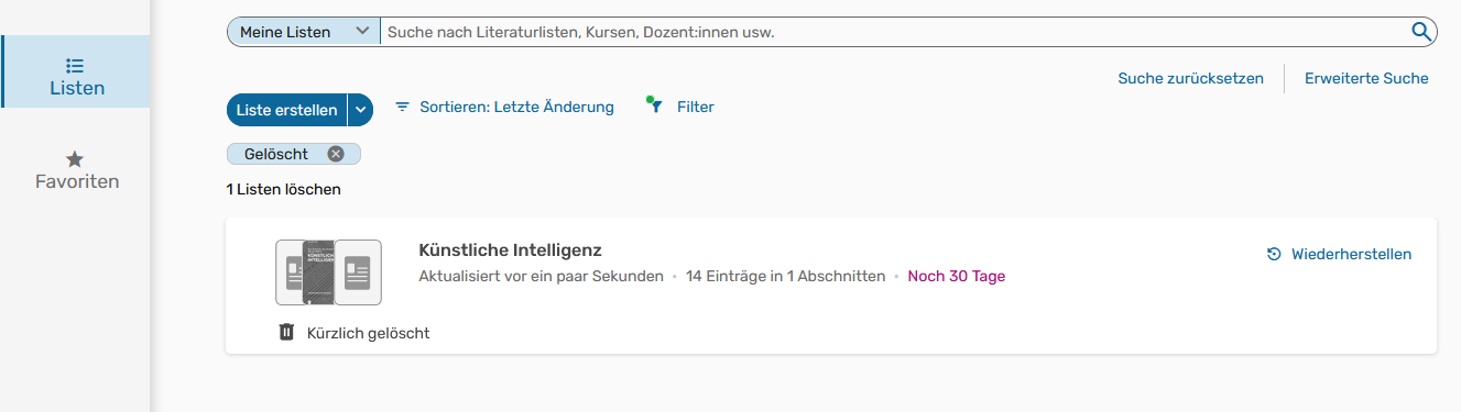 Screenshot: Leganto, Literaturliste verwalten, Bild 2, Liste wiederherstellen
