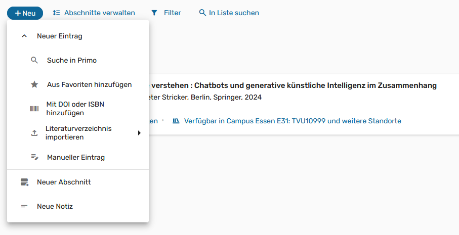 Screenshot: Leganto, Einträge erstellen, Suche in Primo, Bild 1