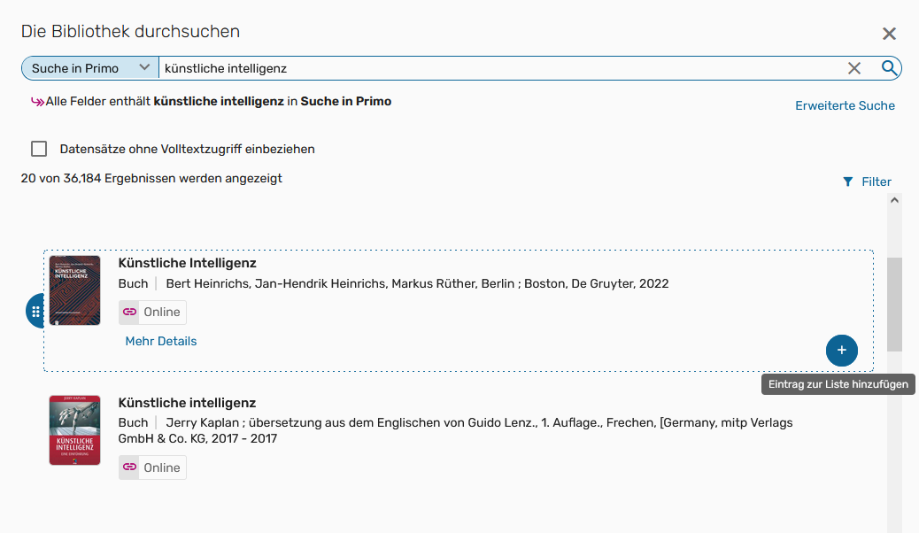 Screenshot: Leganto, Einträge erstellen, Suche in Primo, Bild 2