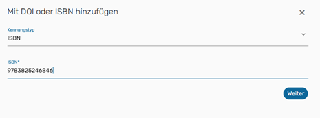 Screenshot: Leganto, Einträge erstellen, mit DOI oder ISBN hinzufügen, Bild 1