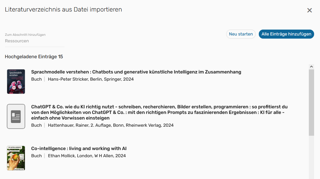 Screenshot: Leganto, Einträge erstellen, Literaturverzeichnis importieren, Bild 2