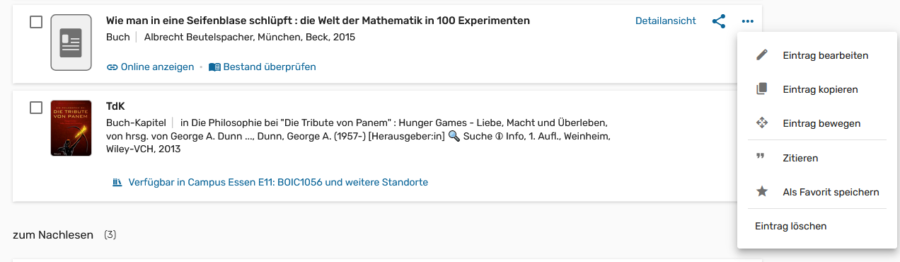 Screenshot: Leganto, Einträge verwalten, Bild 1