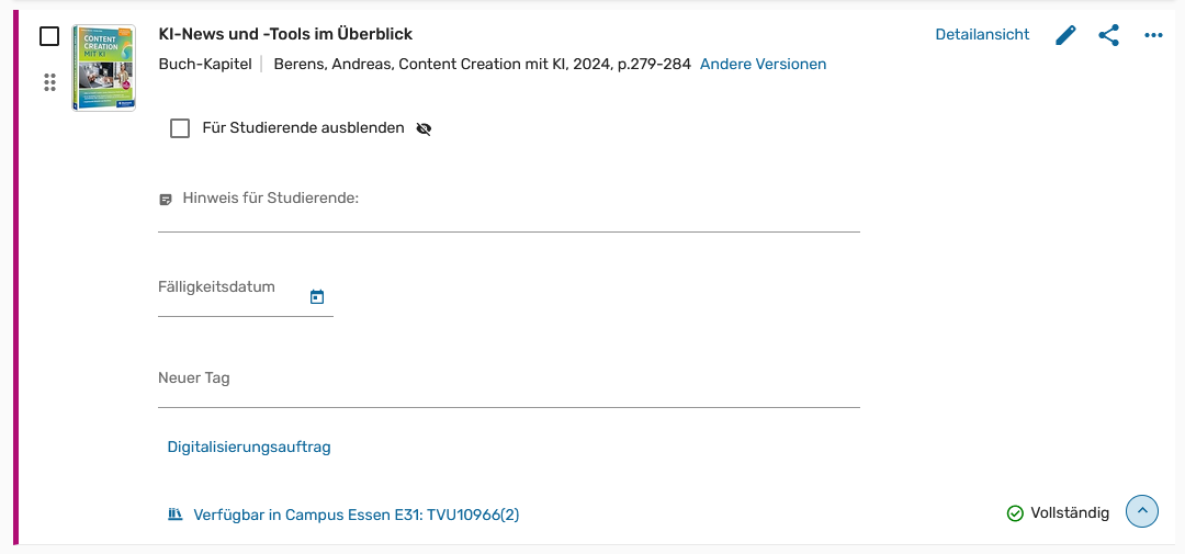 Screenshot: Leganto, Bibliotheksdienste, Digitalisierungsaufträge, Bild 3