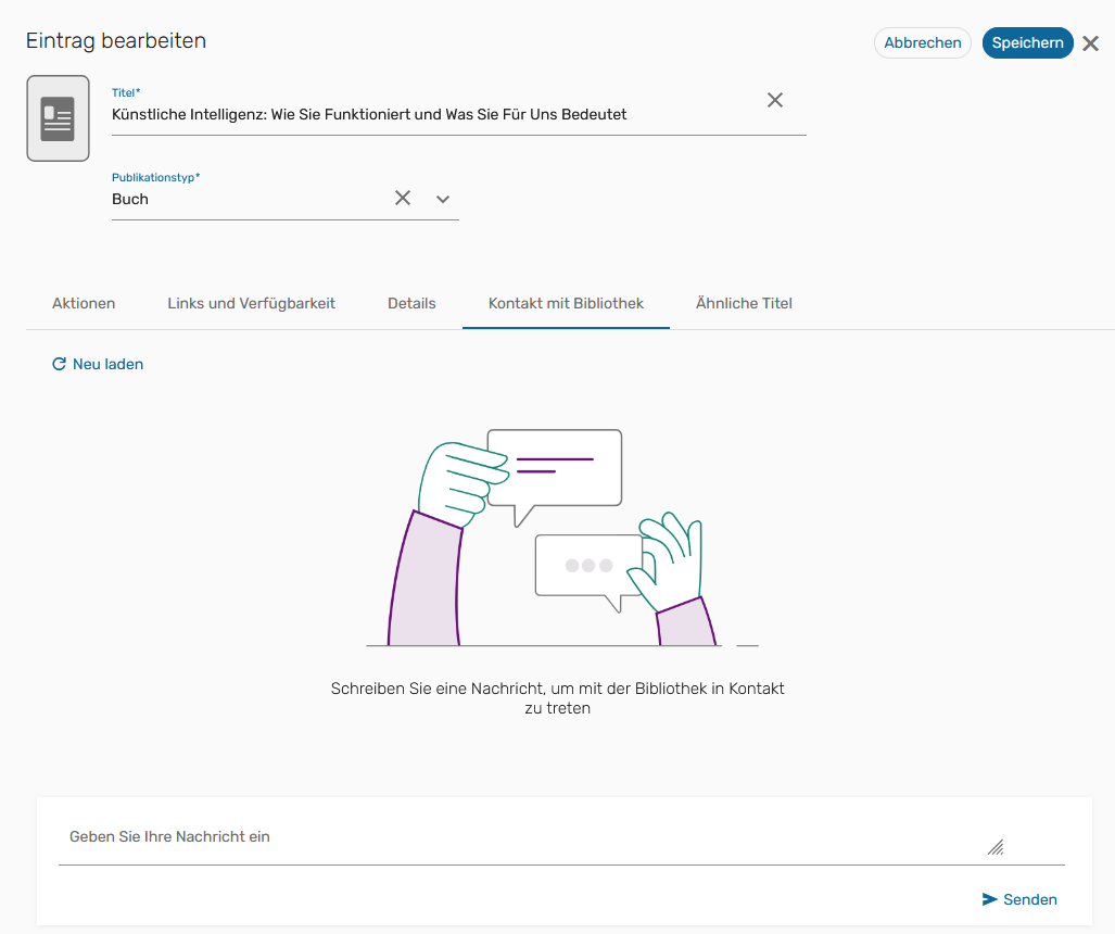 Screenshot: Leganto, Bibliotheksdienste, Kontakt zur Bibliothek, Titelspezifische Anfrage