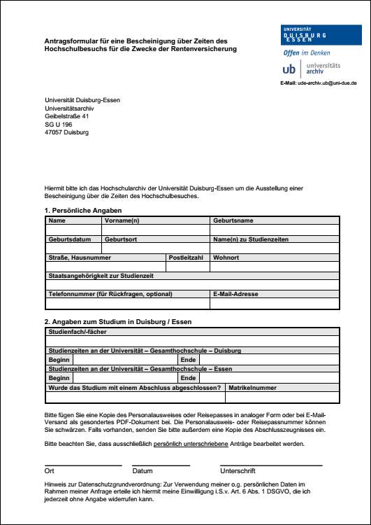 Vorschaubild für das Antragsformular für eine Bescheinigung von Studienzeiten für Zwecke der Rentenversicherung, zum downloaden anklicken