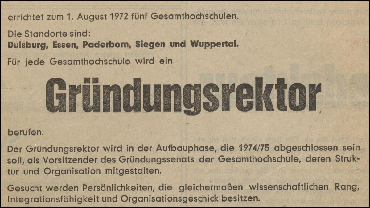 Stellenanzeige für Rektorenstellen an den neuen Gesamthochschulen