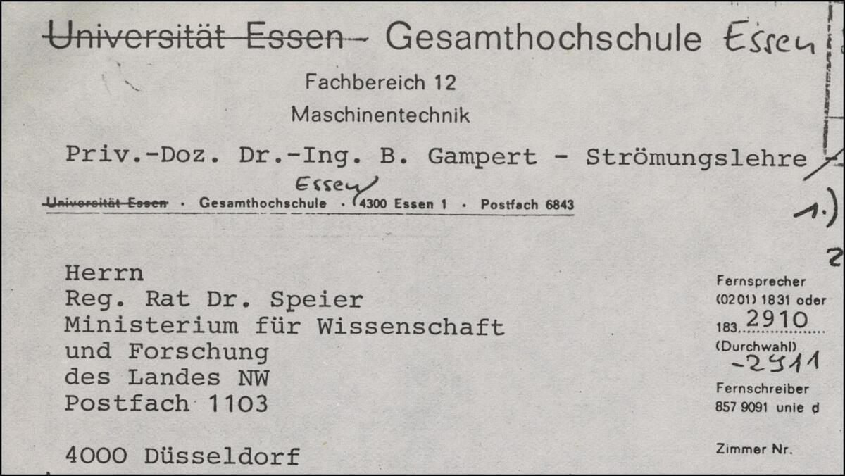 Kopie eines Schreibens an das Ministerium für Wissenschaft und Forschung mit von Ministerialangestellten durchgestrichenem „Universität Essen“ im Briefkopf