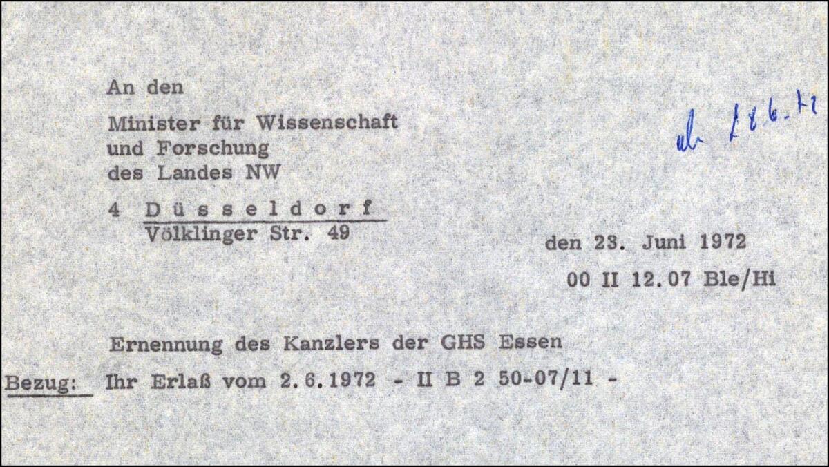 Durchschlag eines Berichts vom Rektor der FH Essen an den Minister für Wissenschaft und Forschung NRW vom 23.06.1972