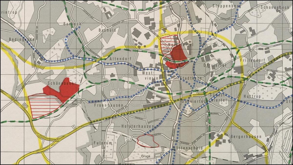 Karte des Stadtplanungsamt Essen mit in Betracht bezogenen Standorten für die Gesamthochschule Essen (1970)