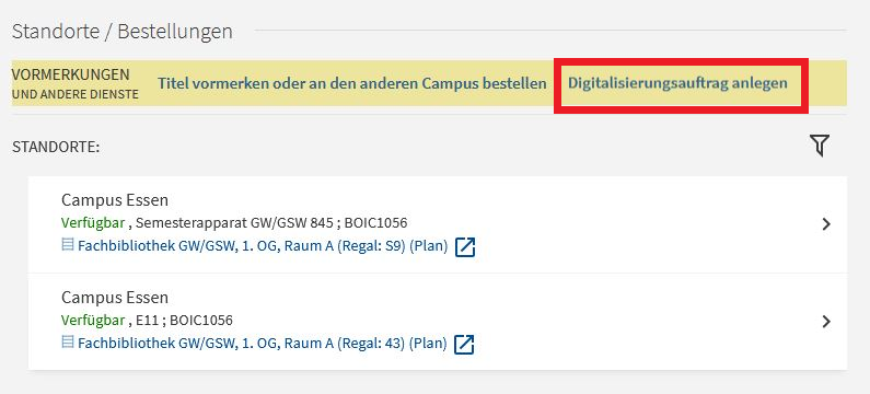 Screenshot aus Primo: Digitalisierungsauftrag anlegen