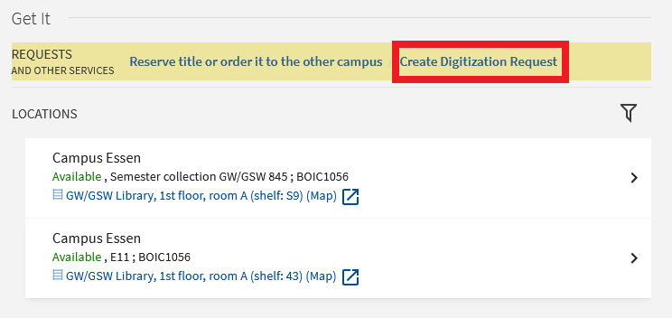 Screenshot from Primo: Create Digitization Request