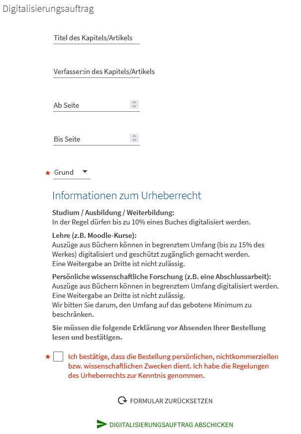 Screenshot aus Primo: Digitalisierungsauftrag anlegen, Daten eingeben
