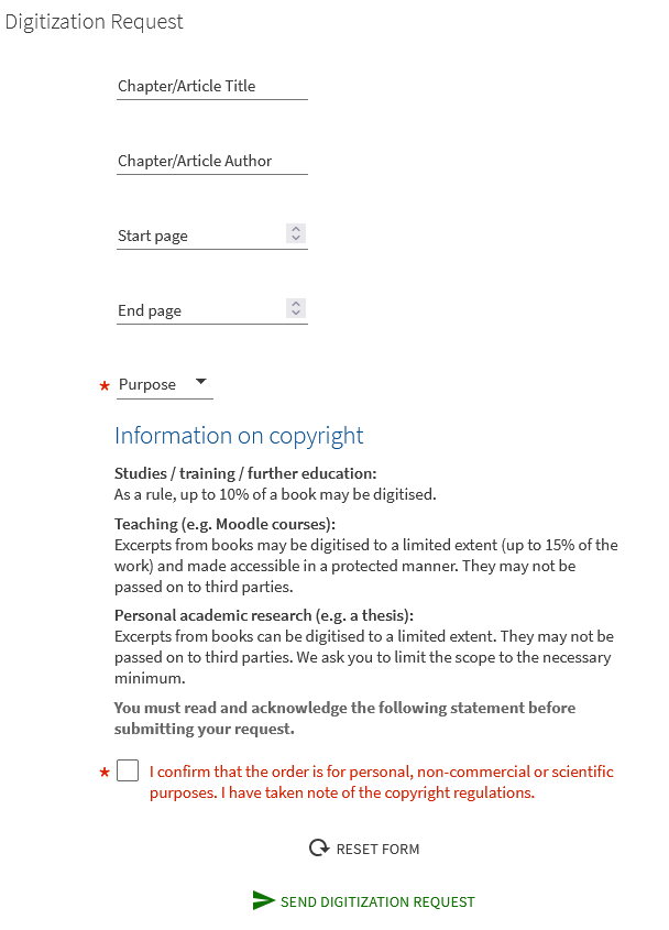 Screenshot from Primo: Create Digitization Dequest, enter data