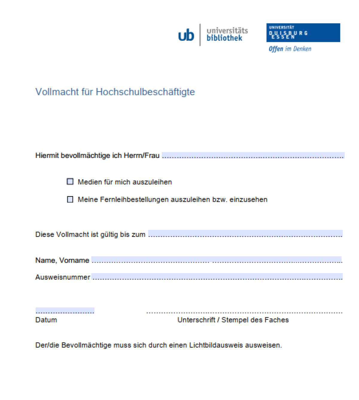 Screenshot (Bild): Vollmacht für die Ausleihe durch Hochschulbeschäftigte