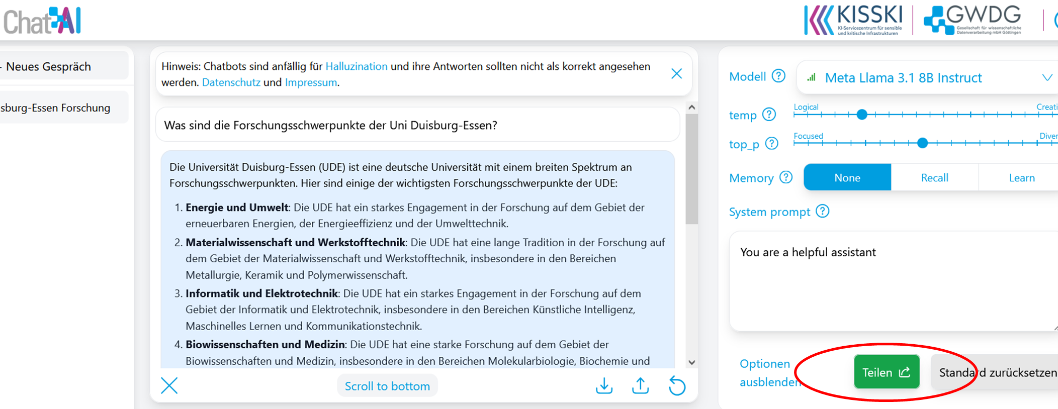Screenshot: Zitierleitfaden KI, Bild 3, Link zum Chatverlauf bei ChatAI