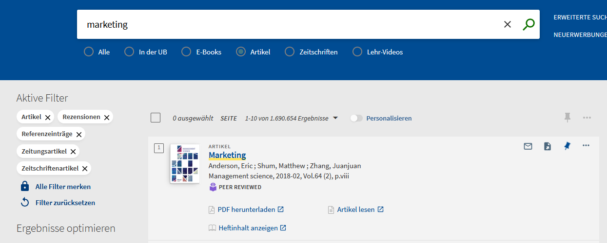 Screenshot: LibKey Discovery, Schaltflächen zum Herunterladen und Öffnen von Volltexten