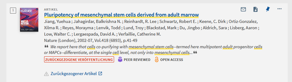 Screenshot: LibKey Discovery, Link auf zurückgezogene Veröffentlichung